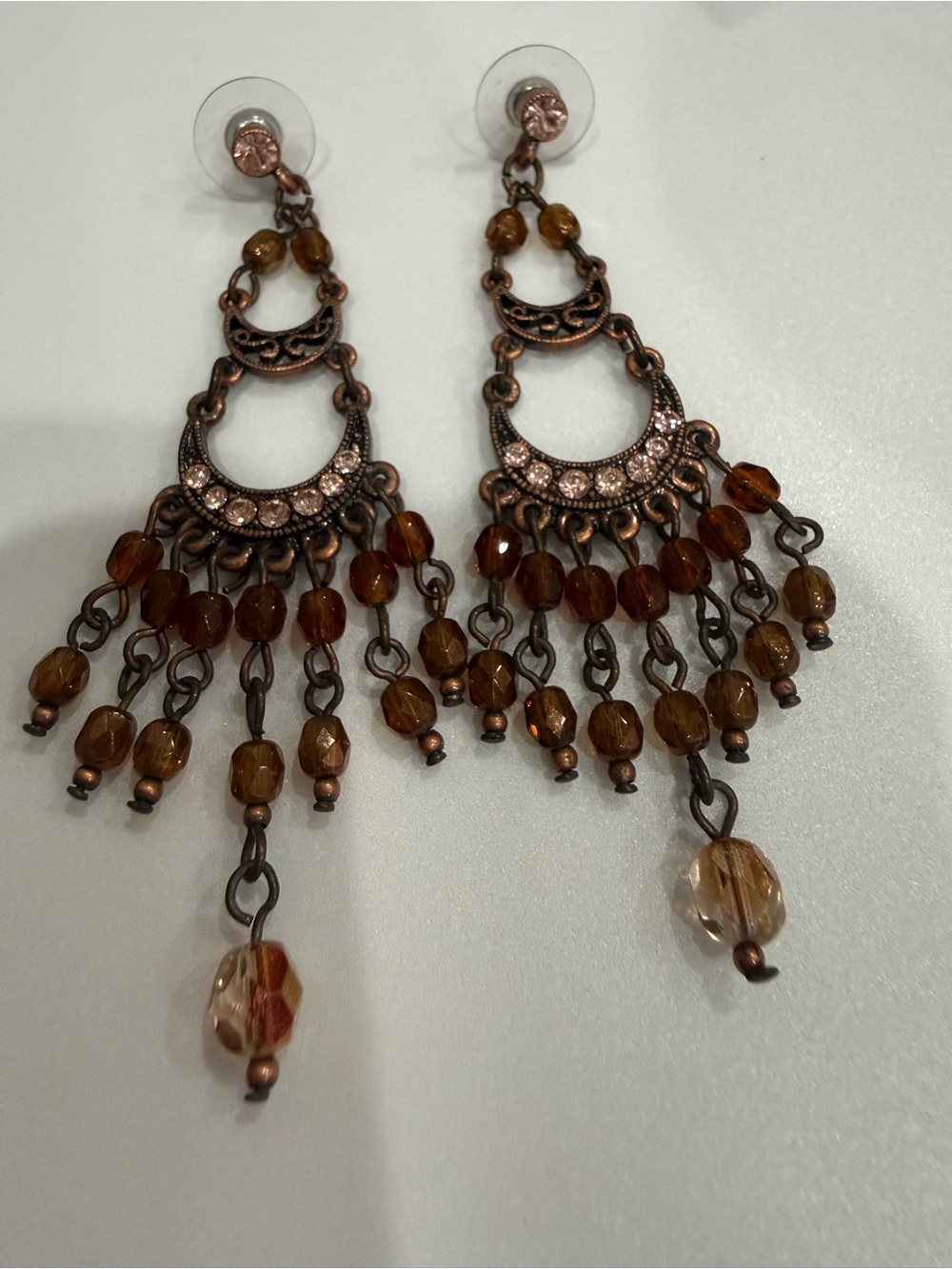 Bohemian Bronze and Amber Bead Chandelier Earrings
